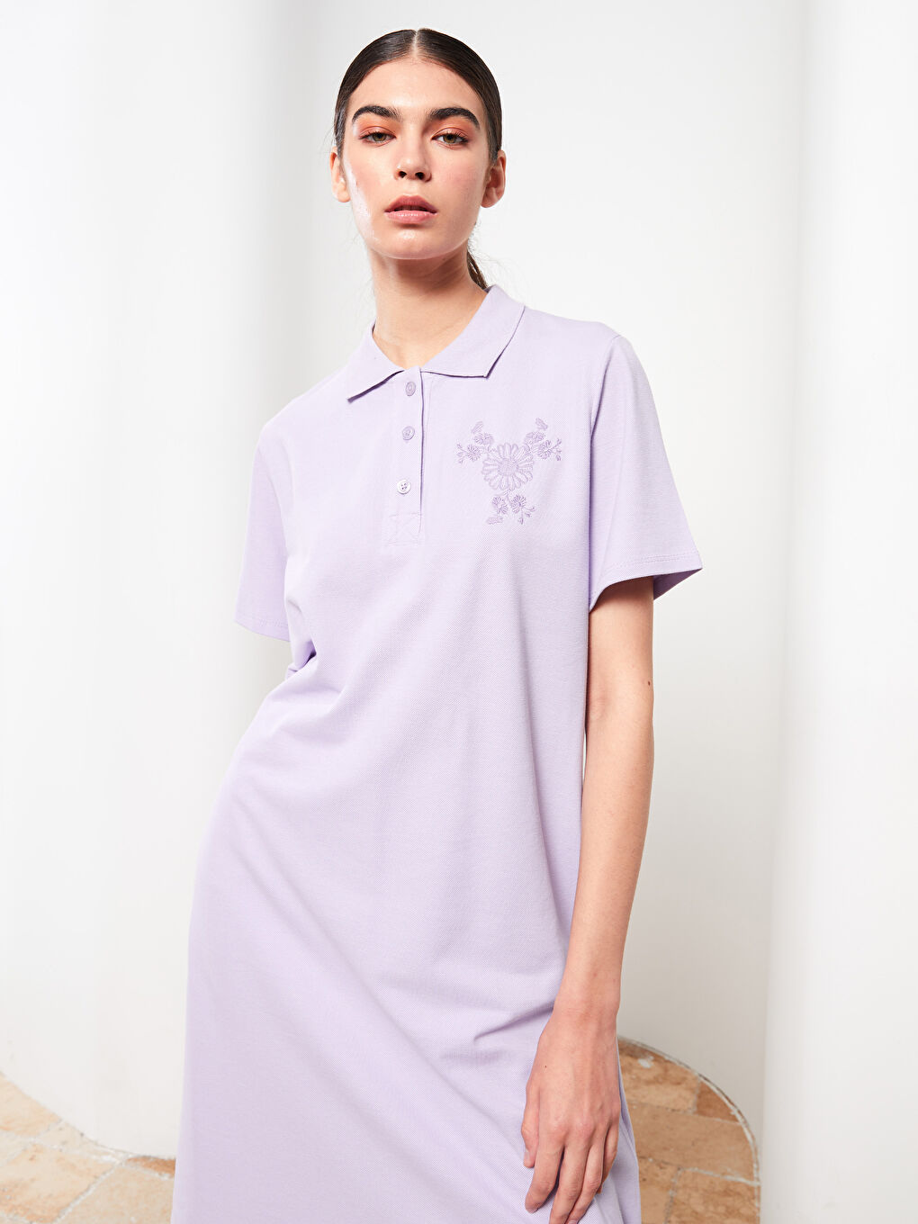 Lila Polo Yaka Nakışlı Kısa Kollu Pamuklu Kadın Tunik-4