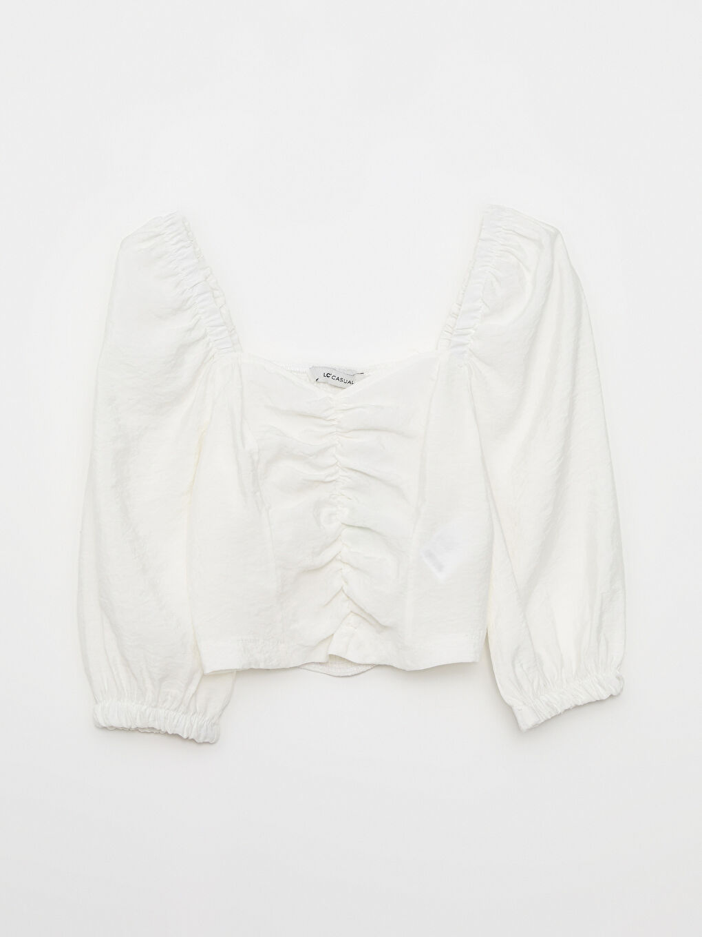 Beyaz Kadın Kalp Yaka Düz Poplin Bluz-5