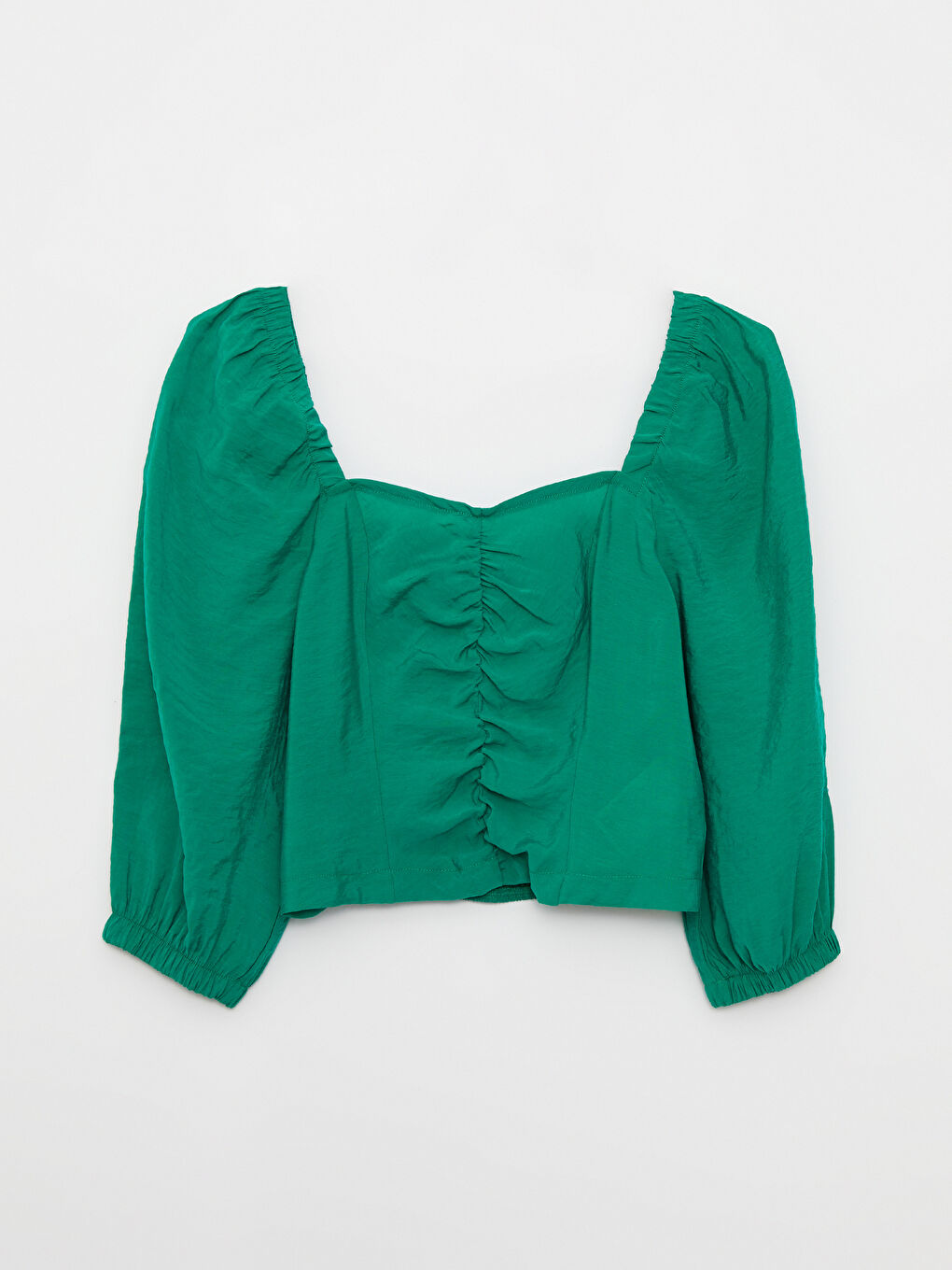 Yeşil Kadın Kalp Yaka Düz Poplin Bluz-5