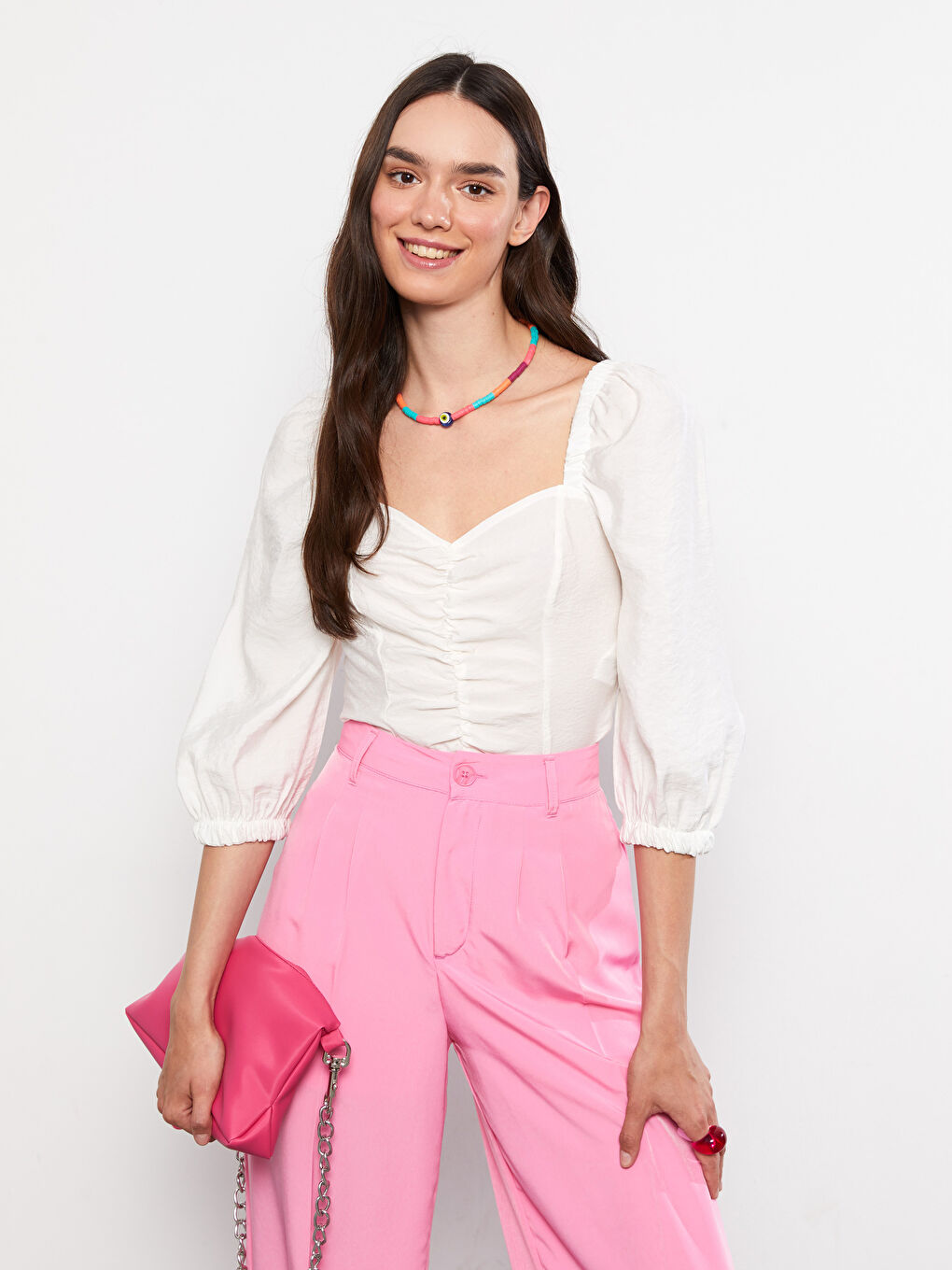 Beyaz Kadın Kalp Yaka Düz Poplin Bluz-1