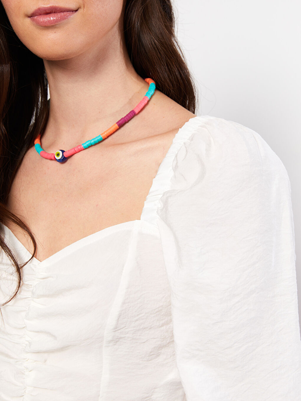 Beyaz Kadın Kalp Yaka Düz Poplin Bluz-3