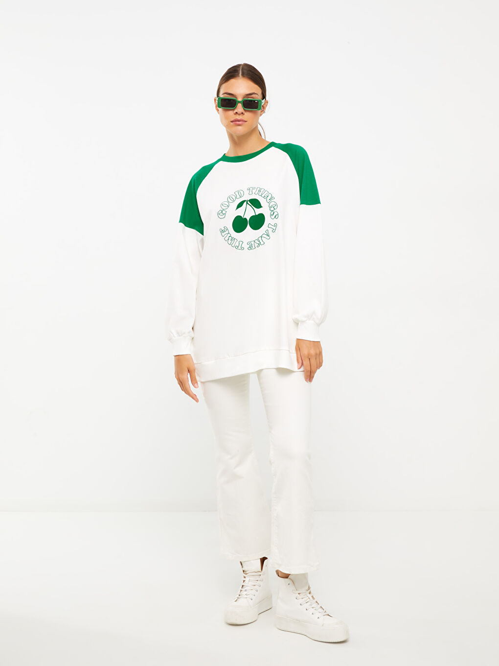 Ekru Bisiklet Yaka Baskılı Uzun Kollu Oversize Pamuklu Kadın Tunik-2