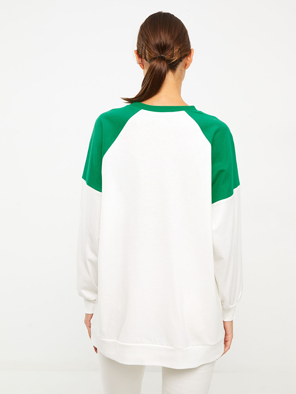 Ekru Bisiklet Yaka Baskılı Uzun Kollu Oversize Pamuklu Kadın Tunik-5