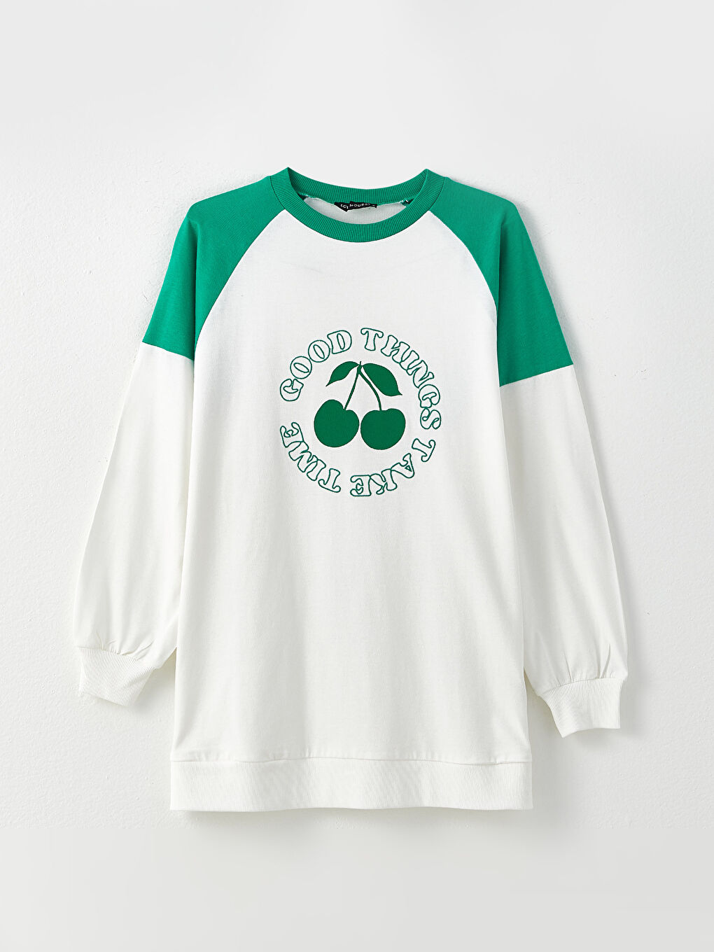 Ekru Bisiklet Yaka Baskılı Uzun Kollu Oversize Pamuklu Kadın Tunik-6