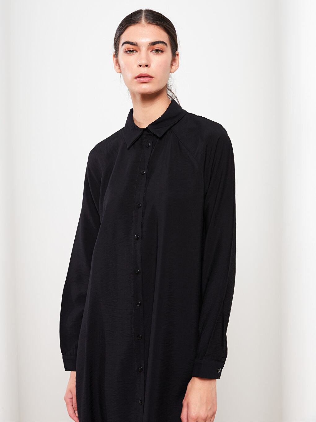 Siyah Düz Uzun Kollu Kadın Gömlek Tunik-1