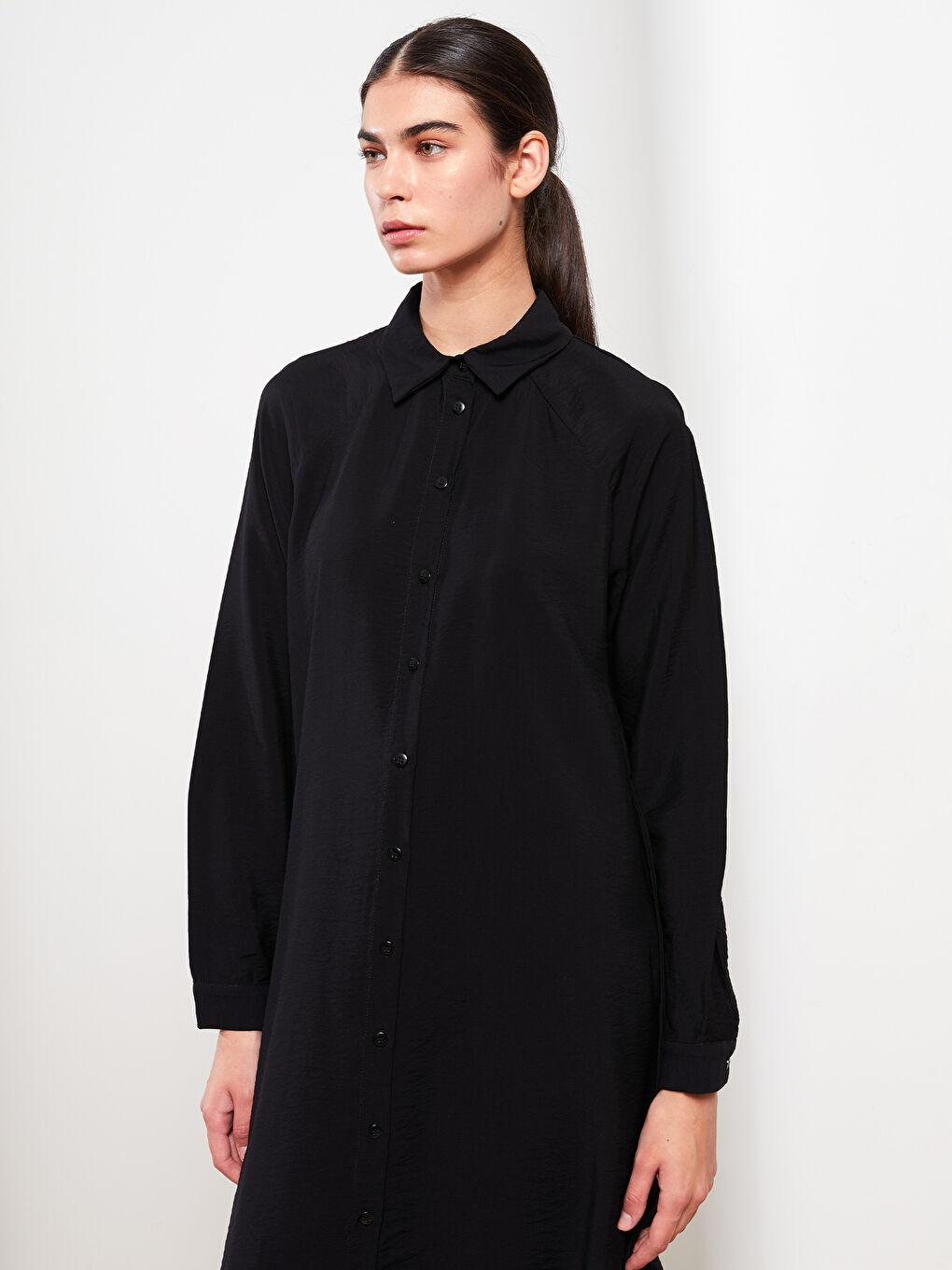 Siyah Düz Uzun Kollu Kadın Gömlek Tunik-2