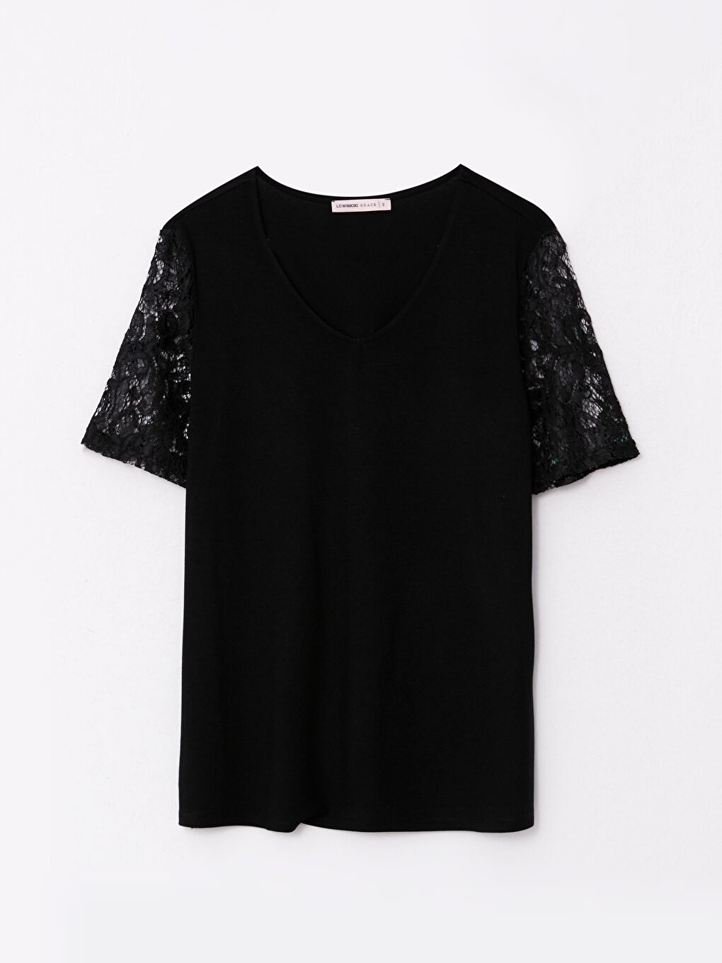 Siyah V Yaka Nakışlı Kısa Kollu Kadın Bluz-5