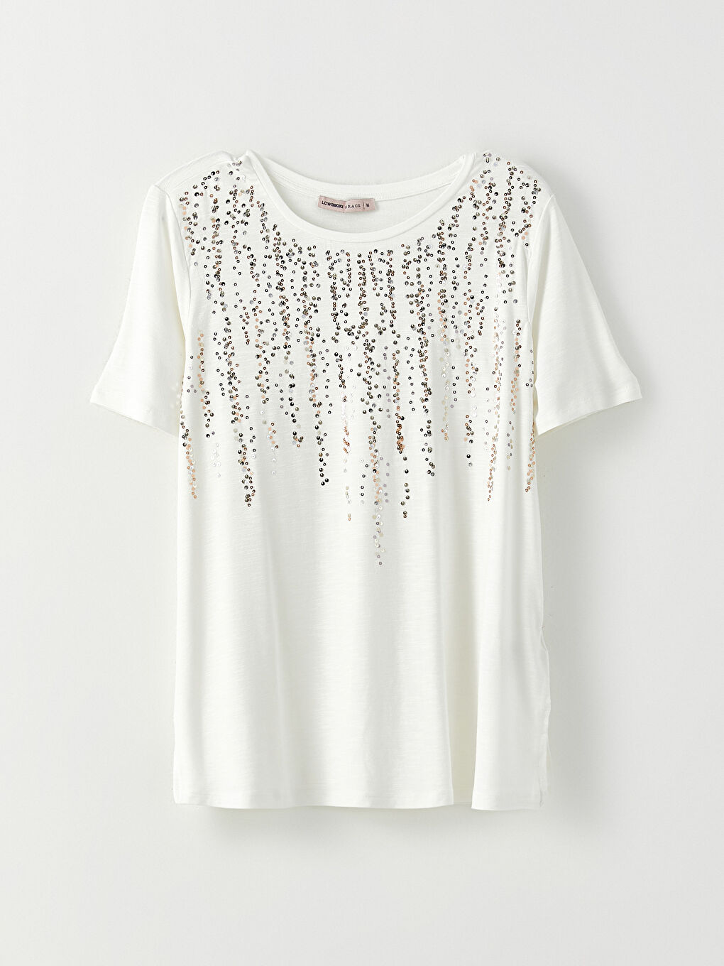 Ekru Bisiklet Yaka Pul Payet İşlemeli Kısa Kollu Kadın Tişört-5