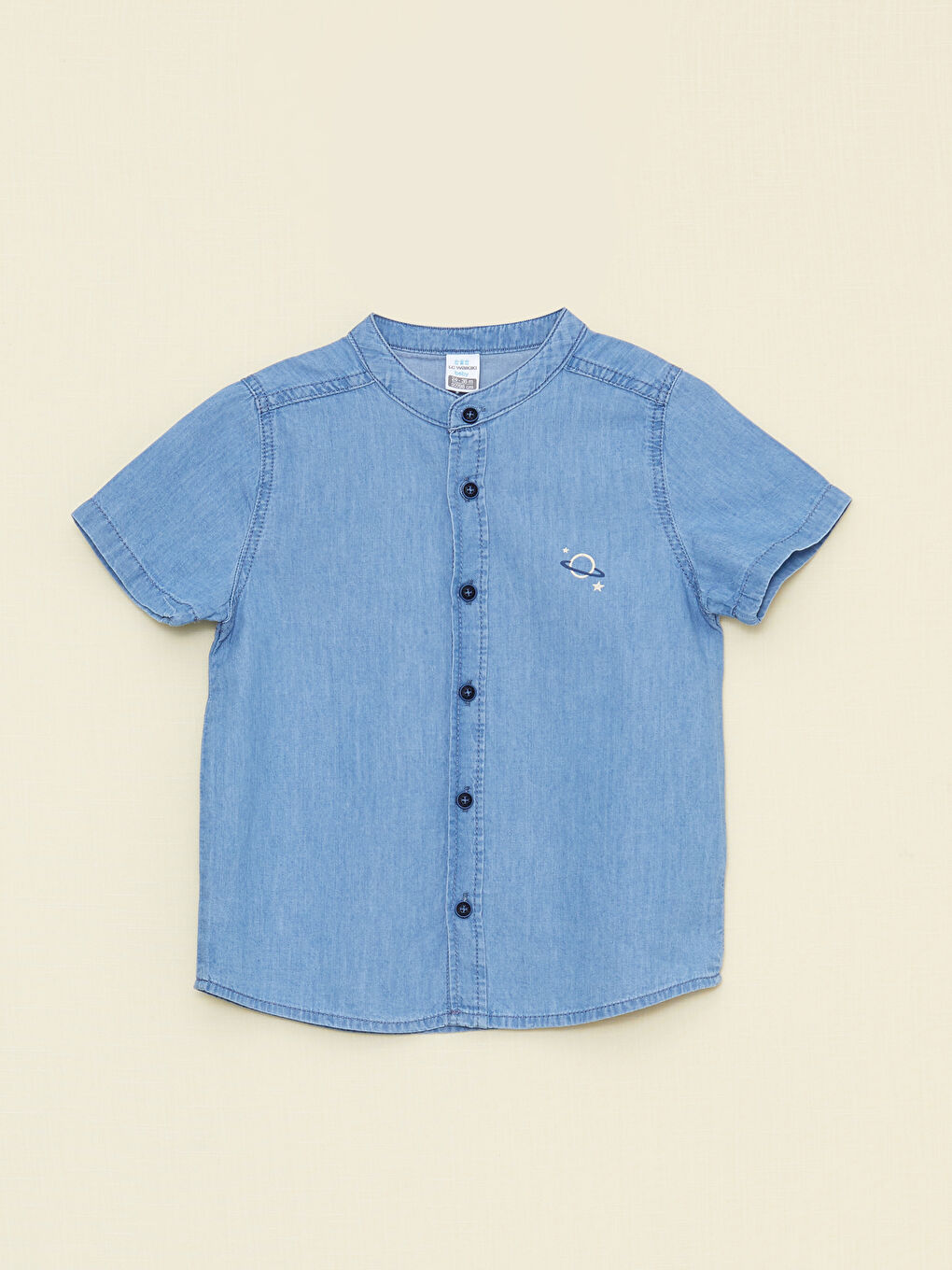 LCW baby Indigo Hakim Yaka Kısa Kollu Baskılı Erkek Bebek Jean Gömlek