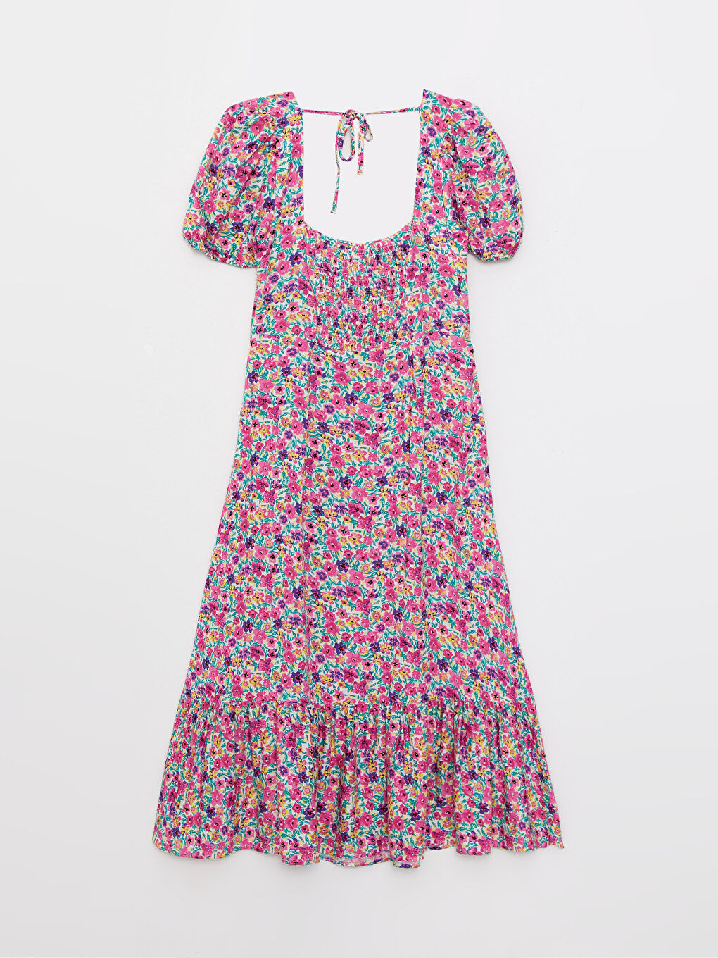 Pembe Kare Yaka Çiçekli Kısa Kollu Viskon Kadın Elbise-6