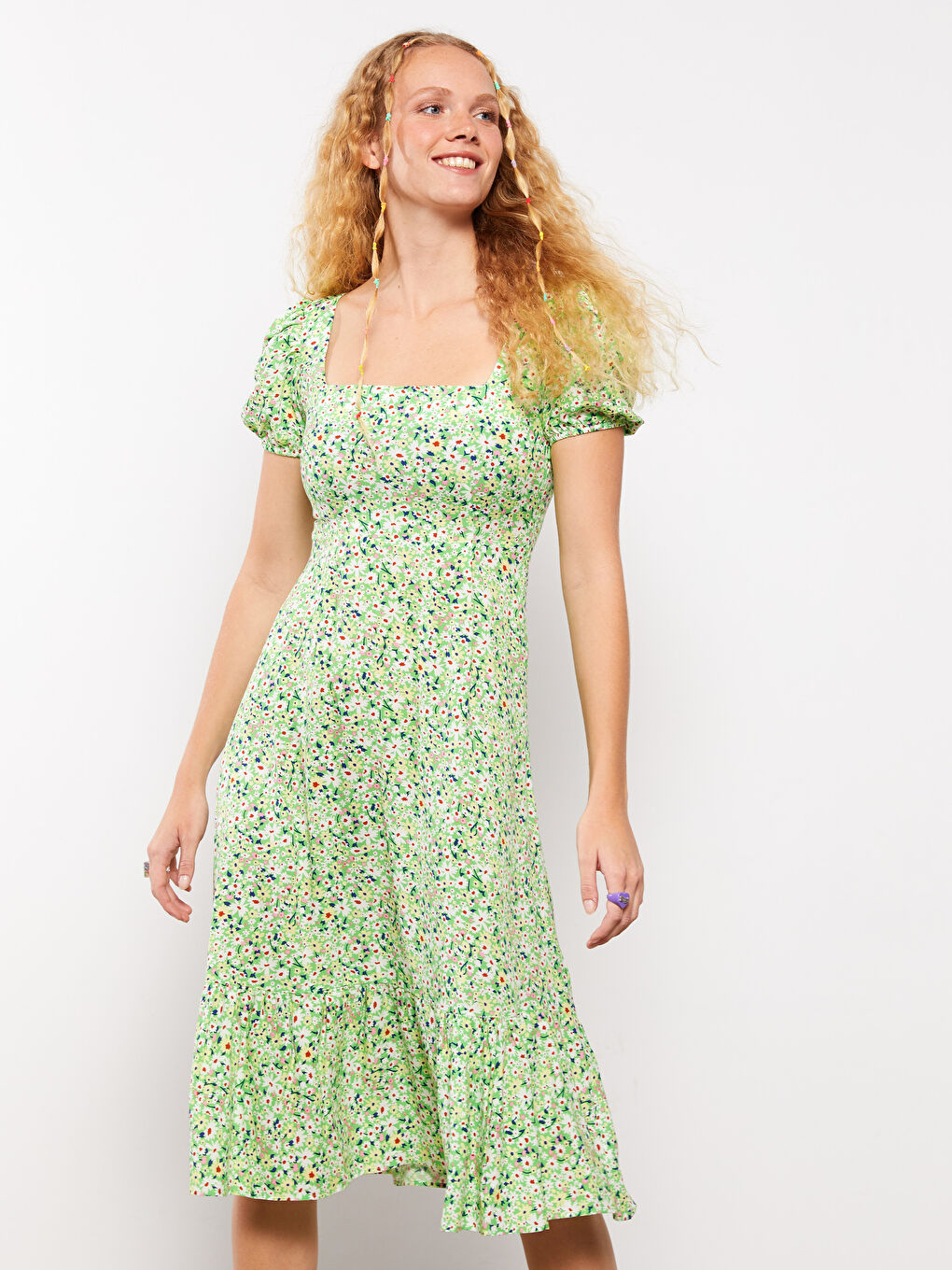 Square Neck Floral Short Sleeve Viscose Women's Dress -S2ME29Z8-SPB