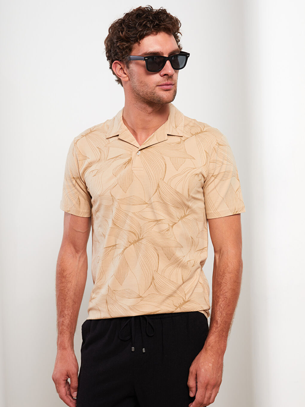 Resort Collar Short Sleeve Patterned Combed Cotton Men's T-Shirt-2