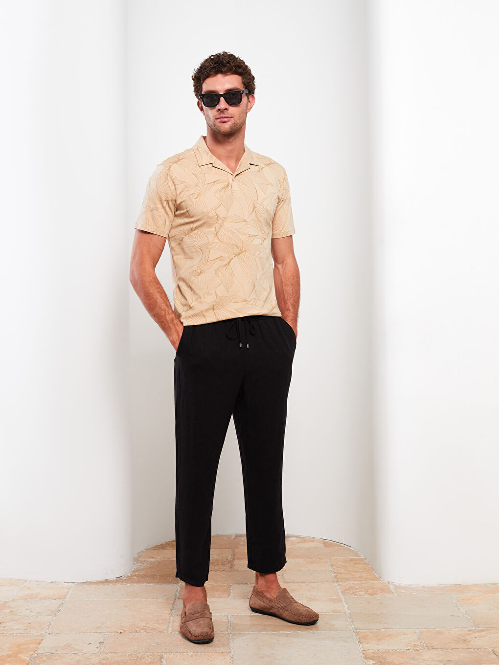 Resort Collar Short Sleeve Patterned Combed Cotton Men's T-Shirt-1