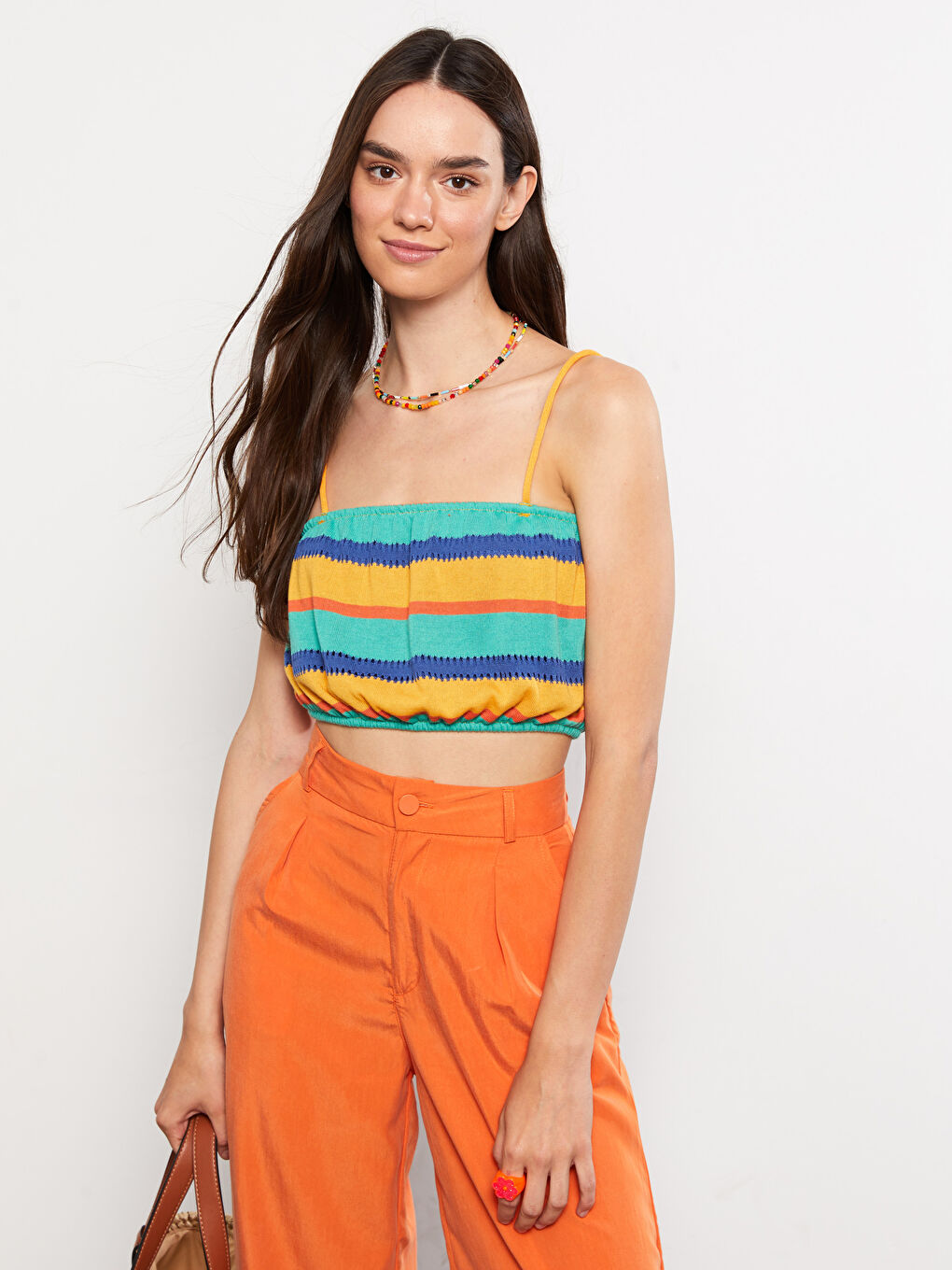 Turuncu Kare Yaka Renk Bloklu Askılı Kadın Crop-2