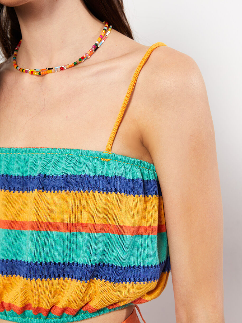 Turuncu Kare Yaka Renk Bloklu Askılı Kadın Crop-3