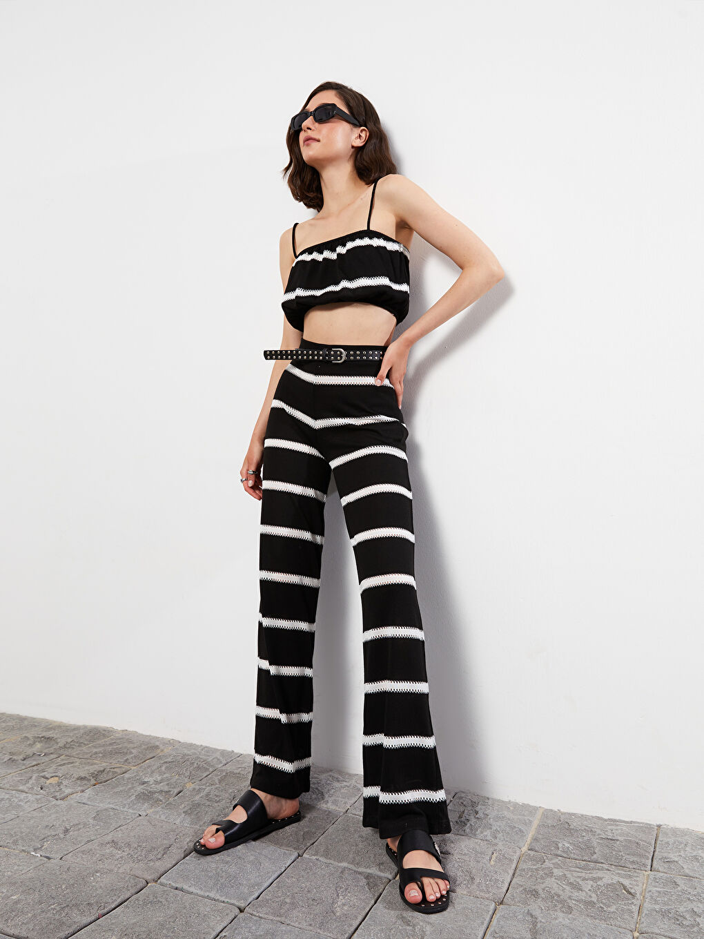 Elasticated Waist Striped Wide Leg Women's Trousers-3