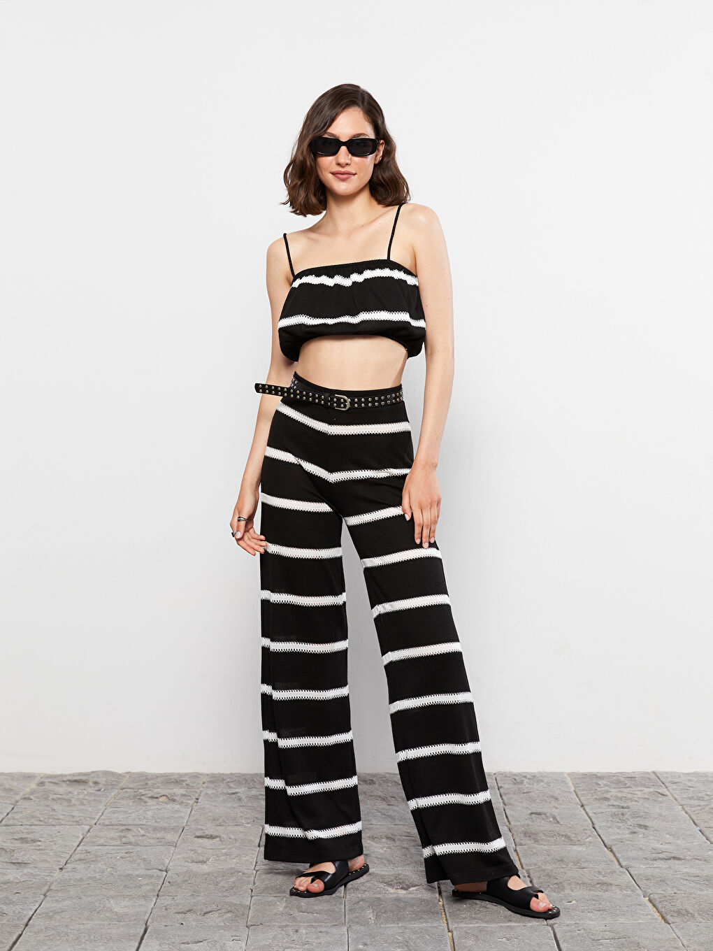 Elasticated Waist Striped Wide Leg Women's Trousers-5