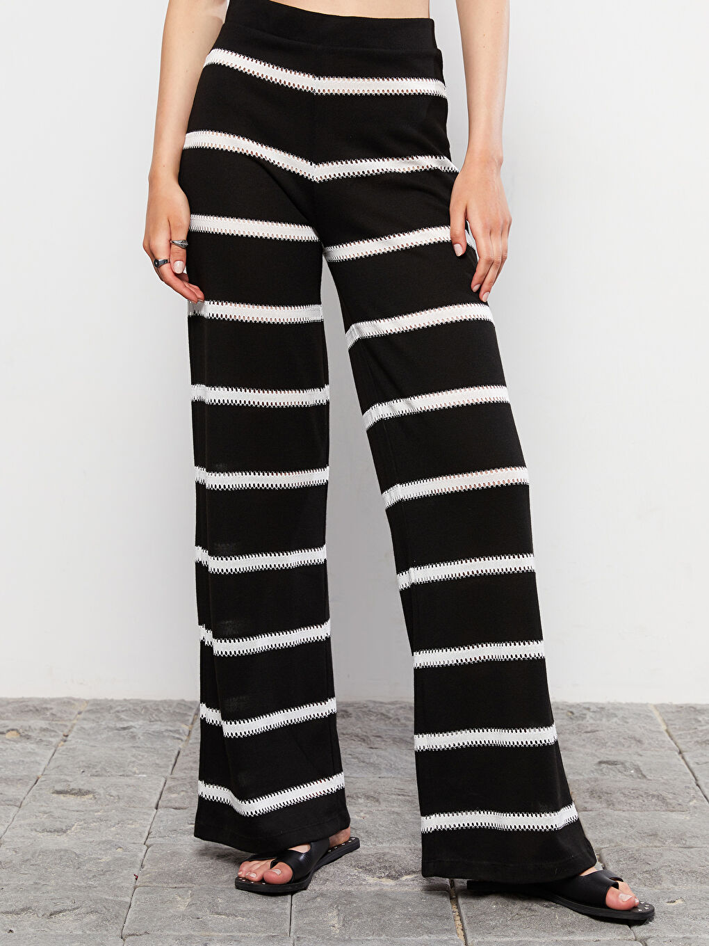 Elasticated Waist Striped Wide Leg Women's Trousers-7