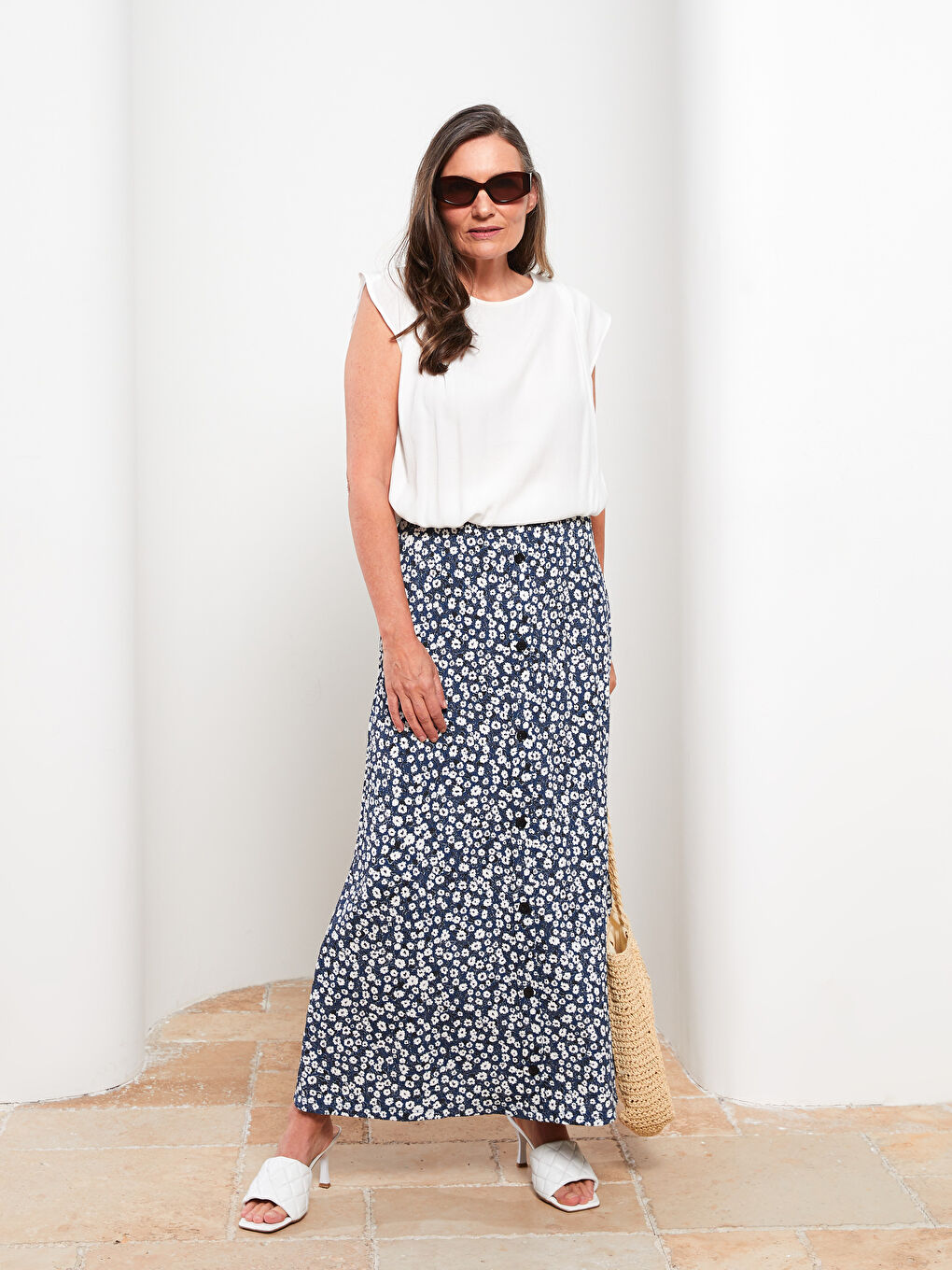 İndigo Beli Lastikli Çiçekli Kadın Kloş Etek