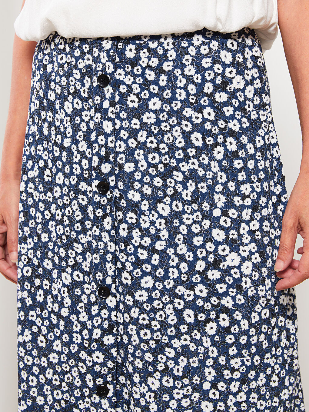 İndigo Beli Lastikli Çiçekli Kadın Kloş Etek-4