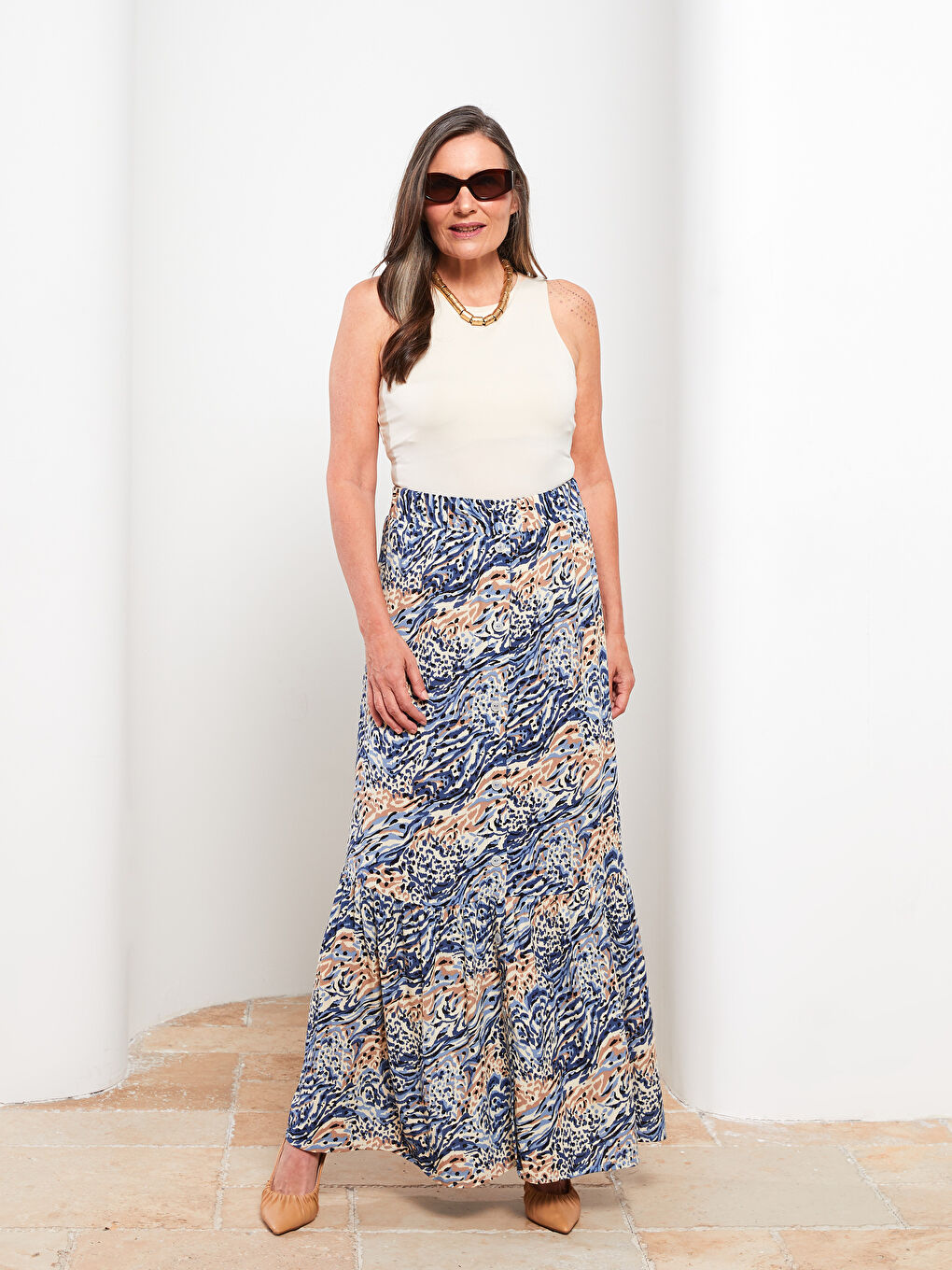 Karışık Beli Lastikli Desenli Krinkle Kumaş Kadın Etek