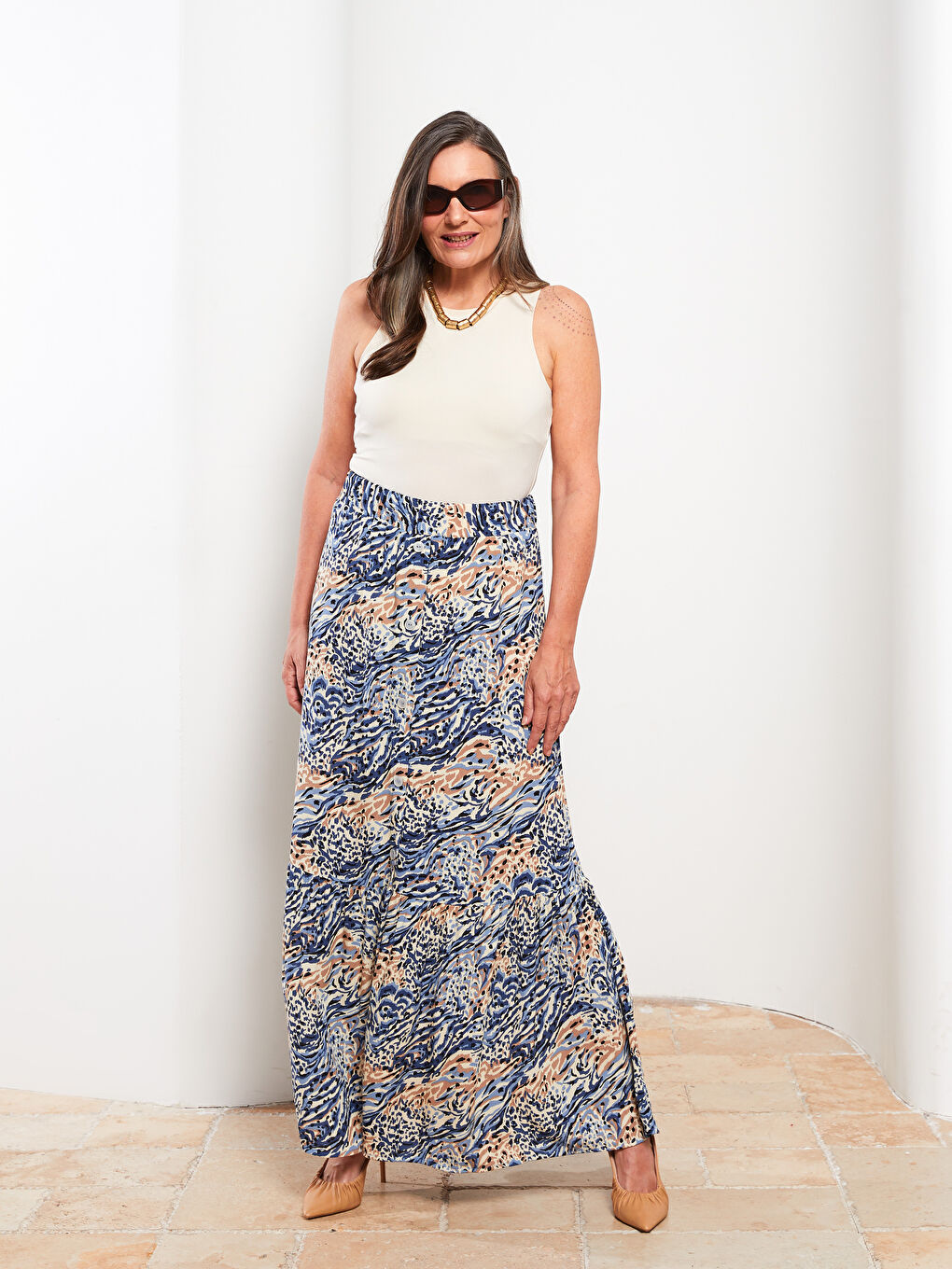 Karışık Beli Lastikli Desenli Krinkle Kumaş Kadın Etek-1