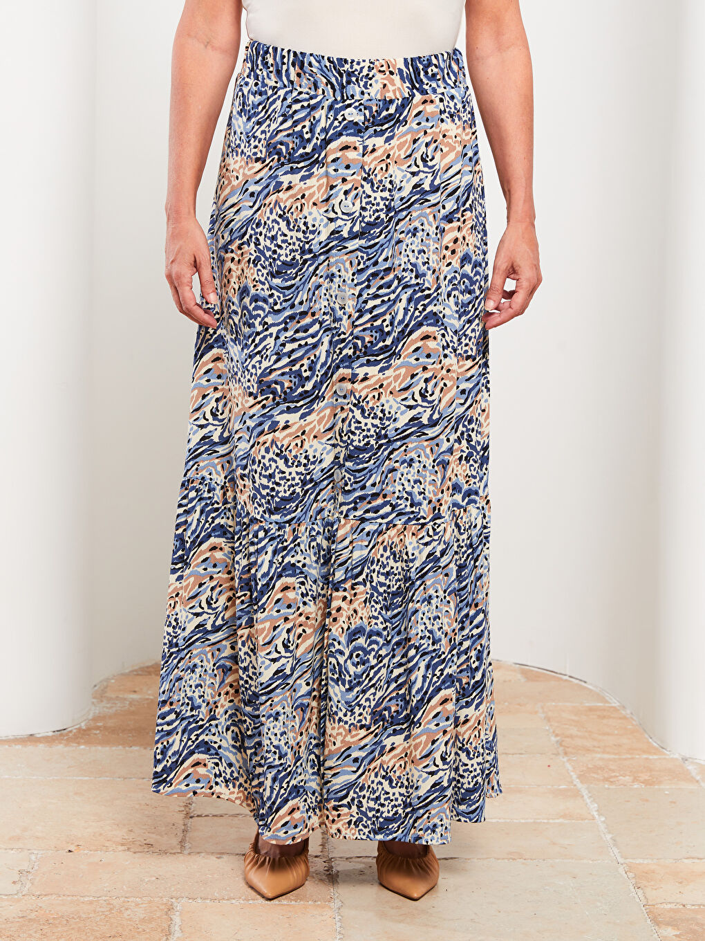 Karışık Beli Lastikli Desenli Krinkle Kumaş Kadın Etek-2