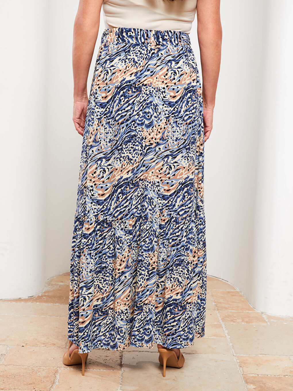 Karışık Beli Lastikli Desenli Krinkle Kumaş Kadın Etek-3