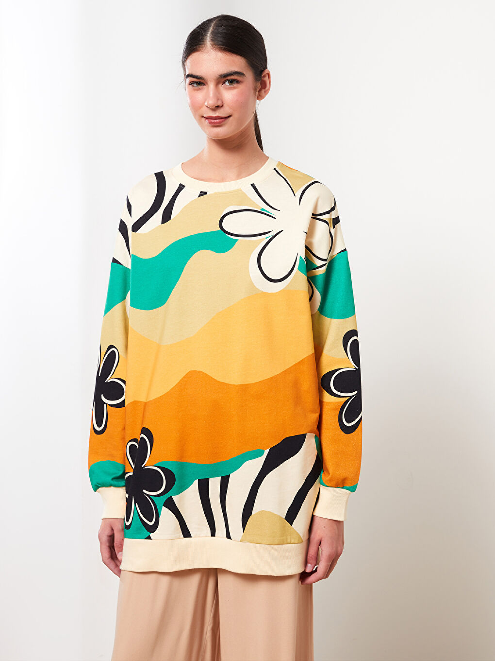 Ekru Bisiklet Yaka Kendinden Desenli Uzun Kollu Kadın Sweatshirt Tunik