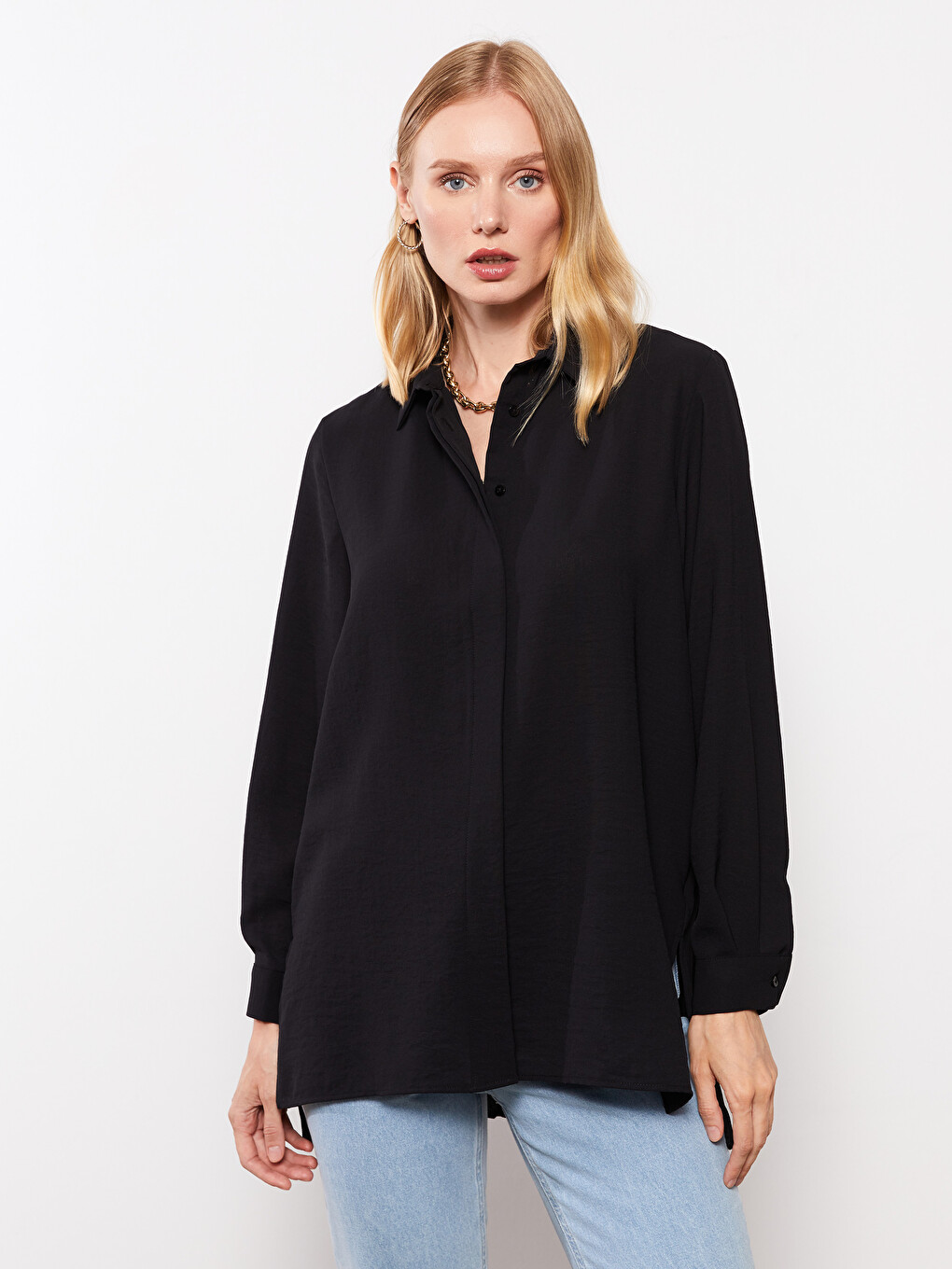 Front Button Closure Long Sleeve Women's Shirt-1
