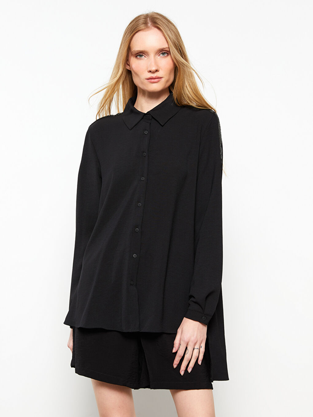 Siyah Pul Payet İşlemeli Uzun Kollu Kadın Gömlek Tunik-2