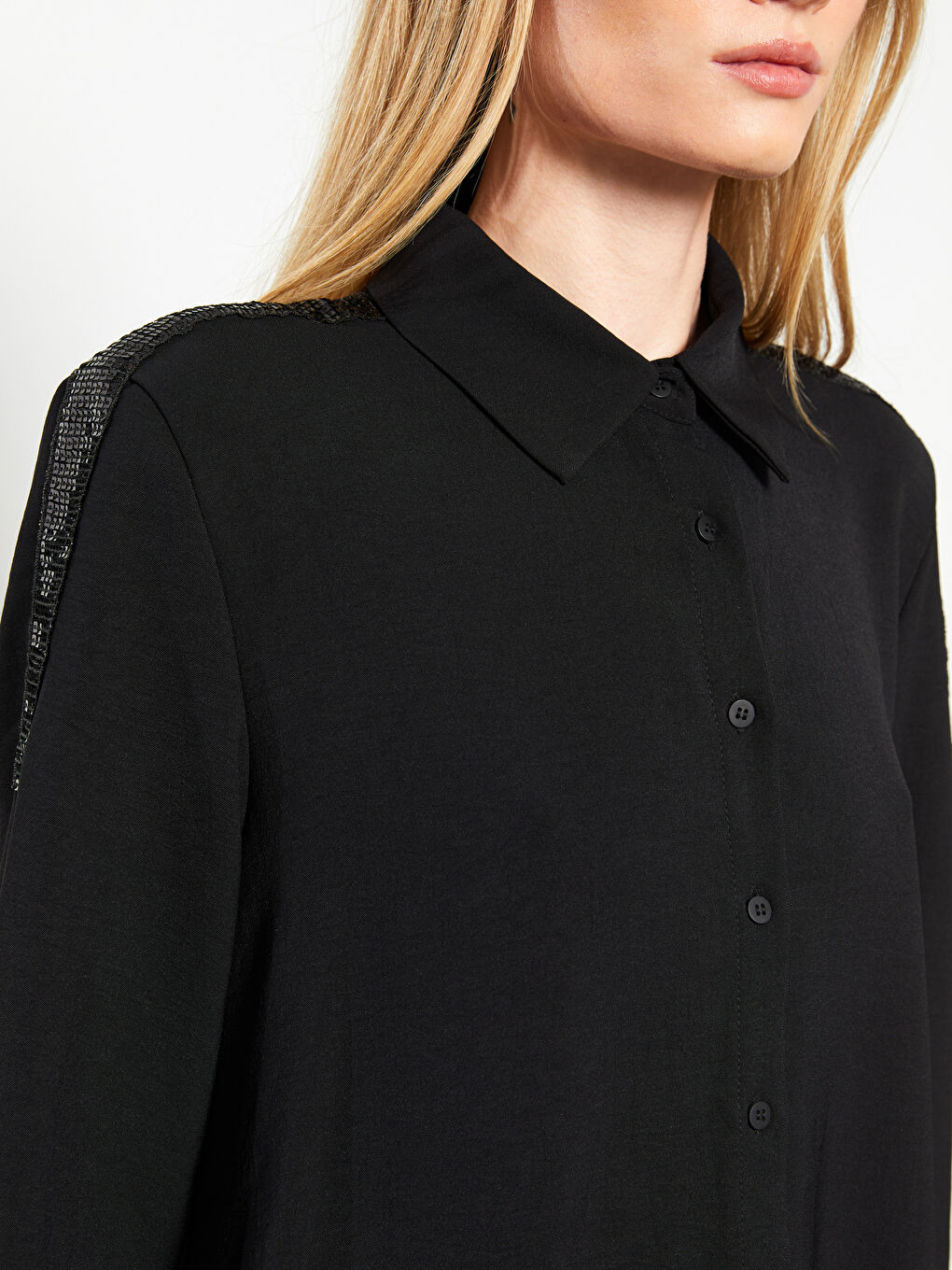 Siyah Pul Payet İşlemeli Uzun Kollu Kadın Gömlek Tunik-3