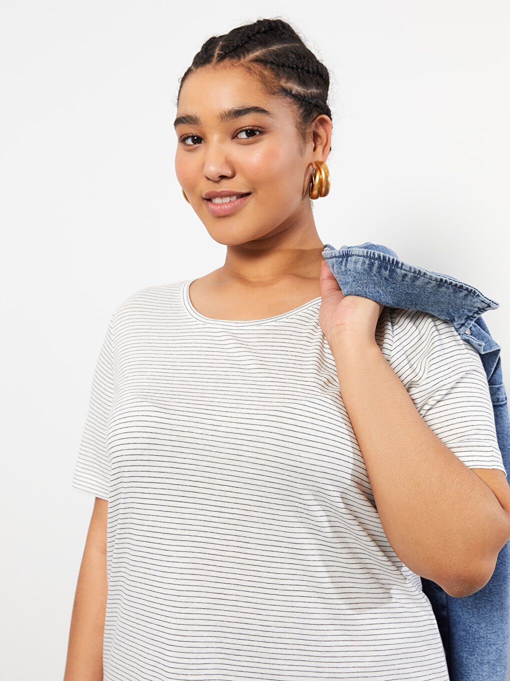 Plus Size Crew Neck Striped Short Sleeve Women's T-Shirt-2
