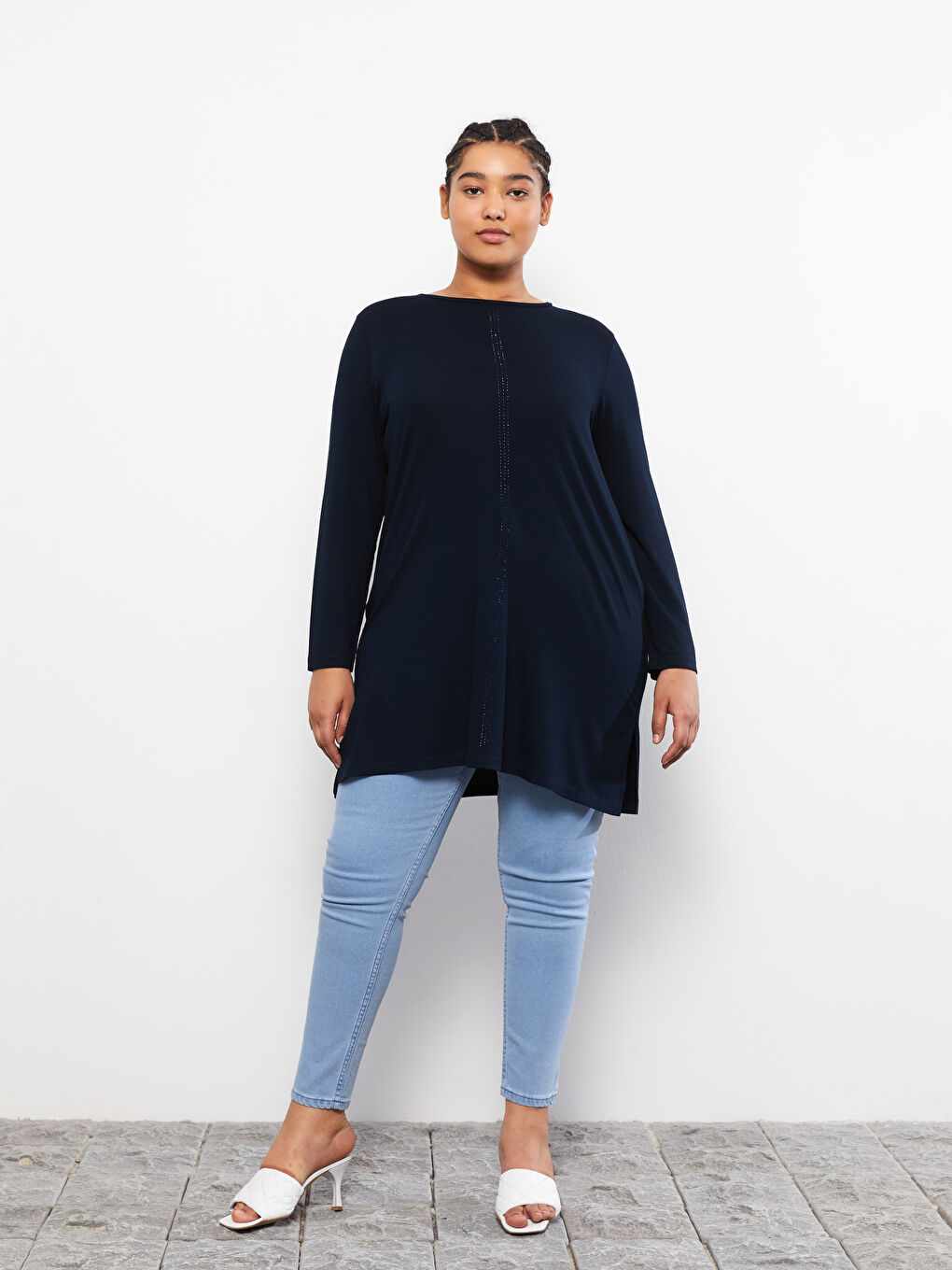 Lacivert Büyük Beden Bisiklet Yaka Düz Uzun Kollu Kadın Tunik