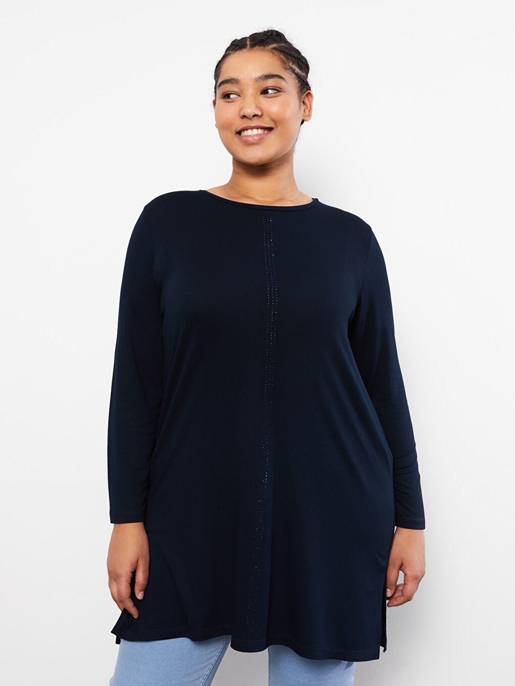 Lacivert Büyük Beden Bisiklet Yaka Düz Uzun Kollu Kadın Tunik-1