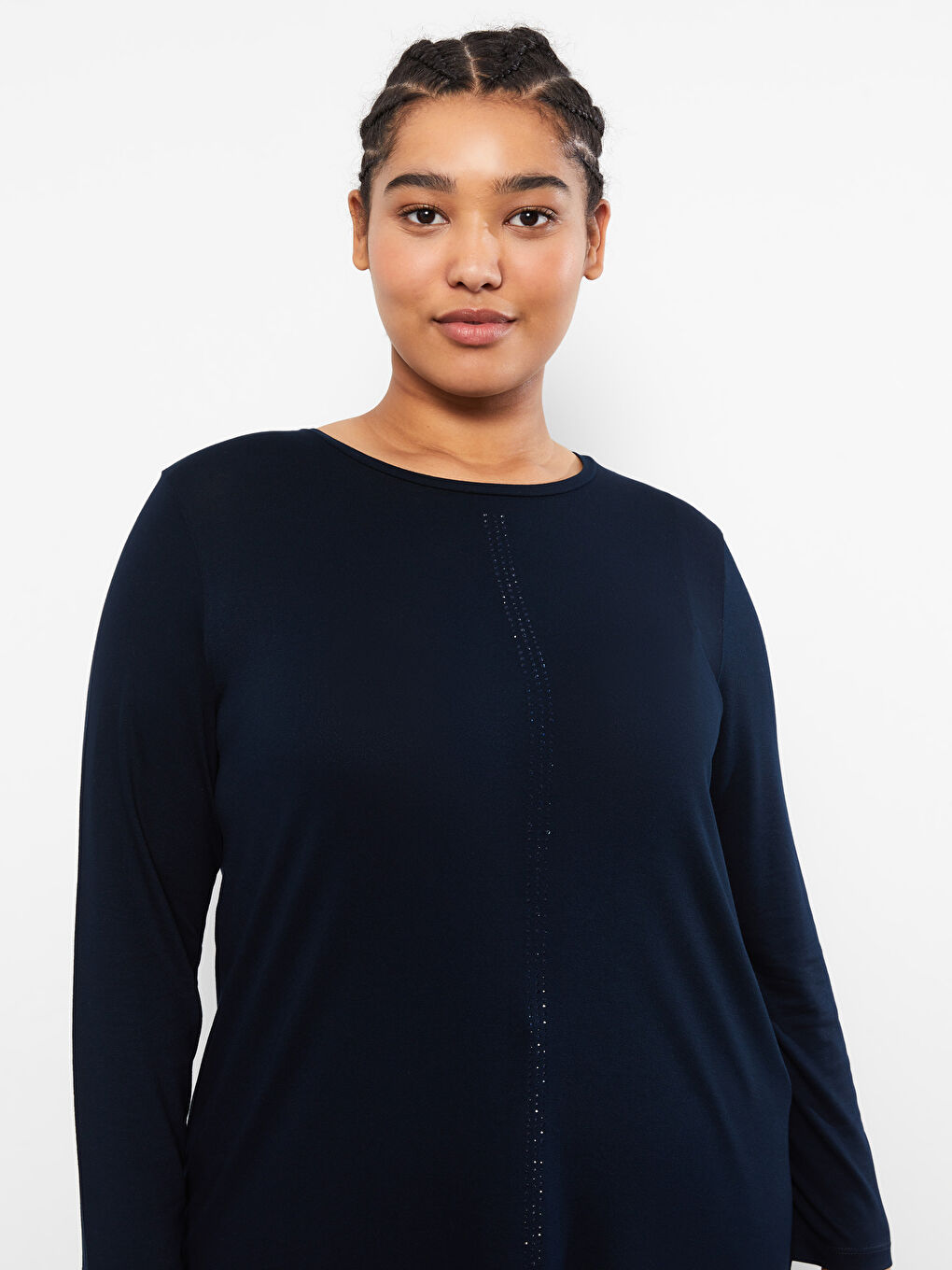 Lacivert Büyük Beden Bisiklet Yaka Düz Uzun Kollu Kadın Tunik-2