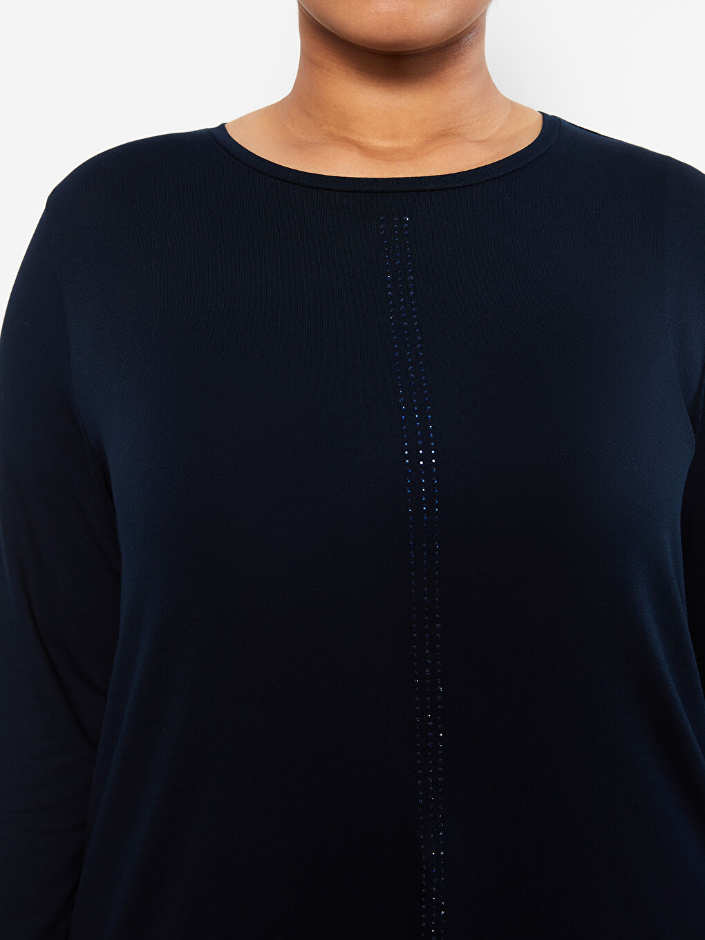 Lacivert Büyük Beden Bisiklet Yaka Düz Uzun Kollu Kadın Tunik-3