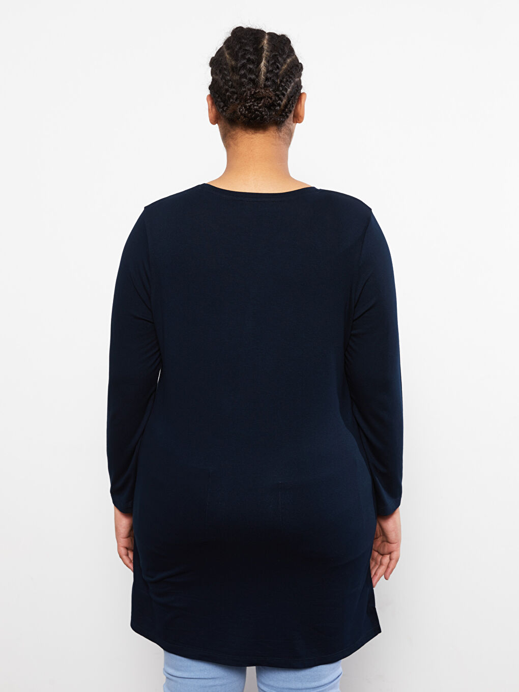 Lacivert Büyük Beden Bisiklet Yaka Düz Uzun Kollu Kadın Tunik-4