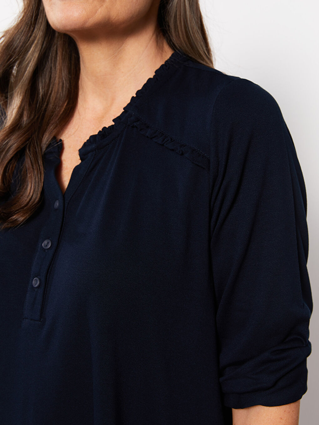 Lacivert Büyük Beden Kaçık Yaka Düz Uzun Kollu Kadın Bluz-3
