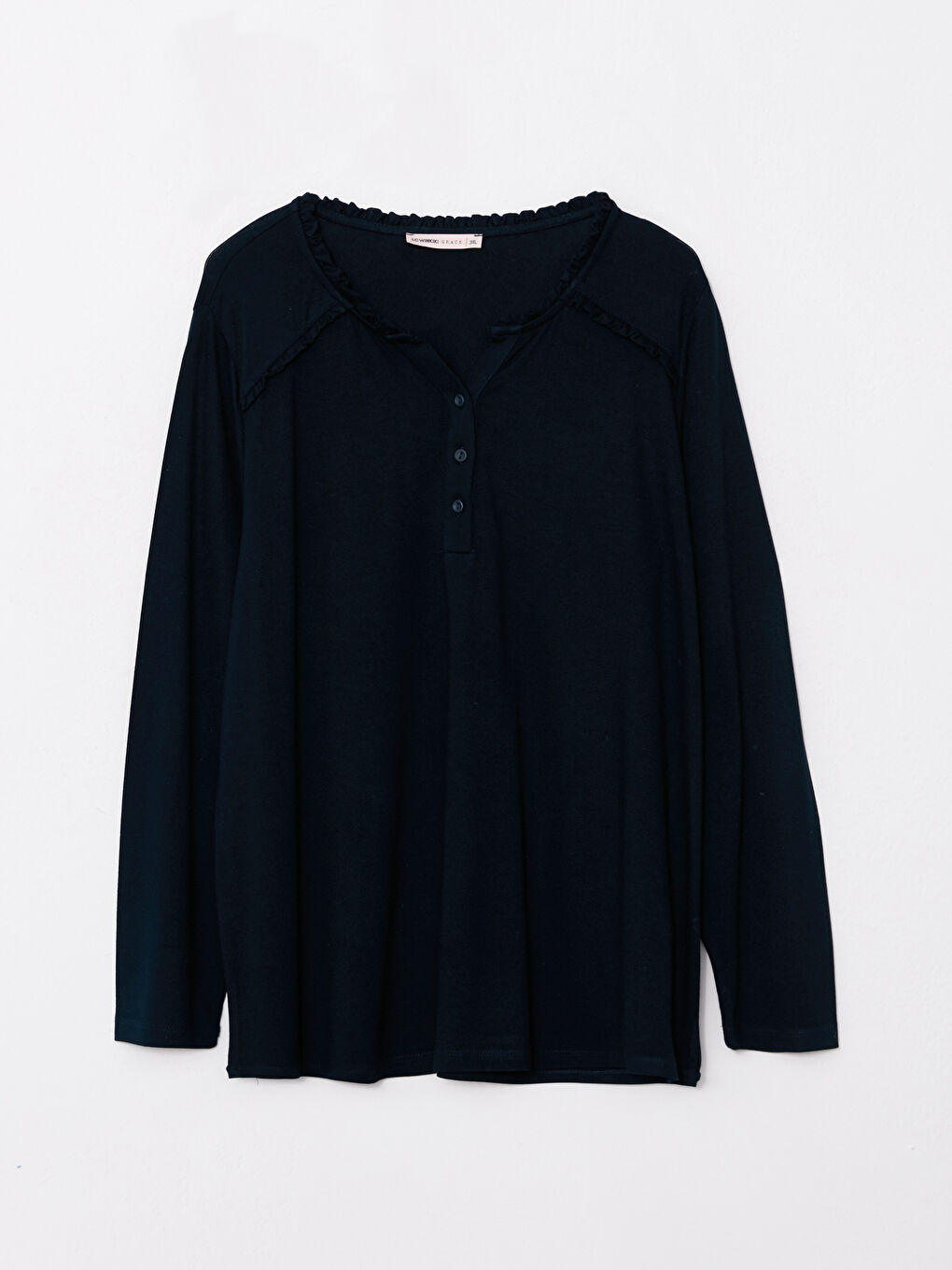 Lacivert Büyük Beden Kaçık Yaka Düz Uzun Kollu Kadın Bluz-5