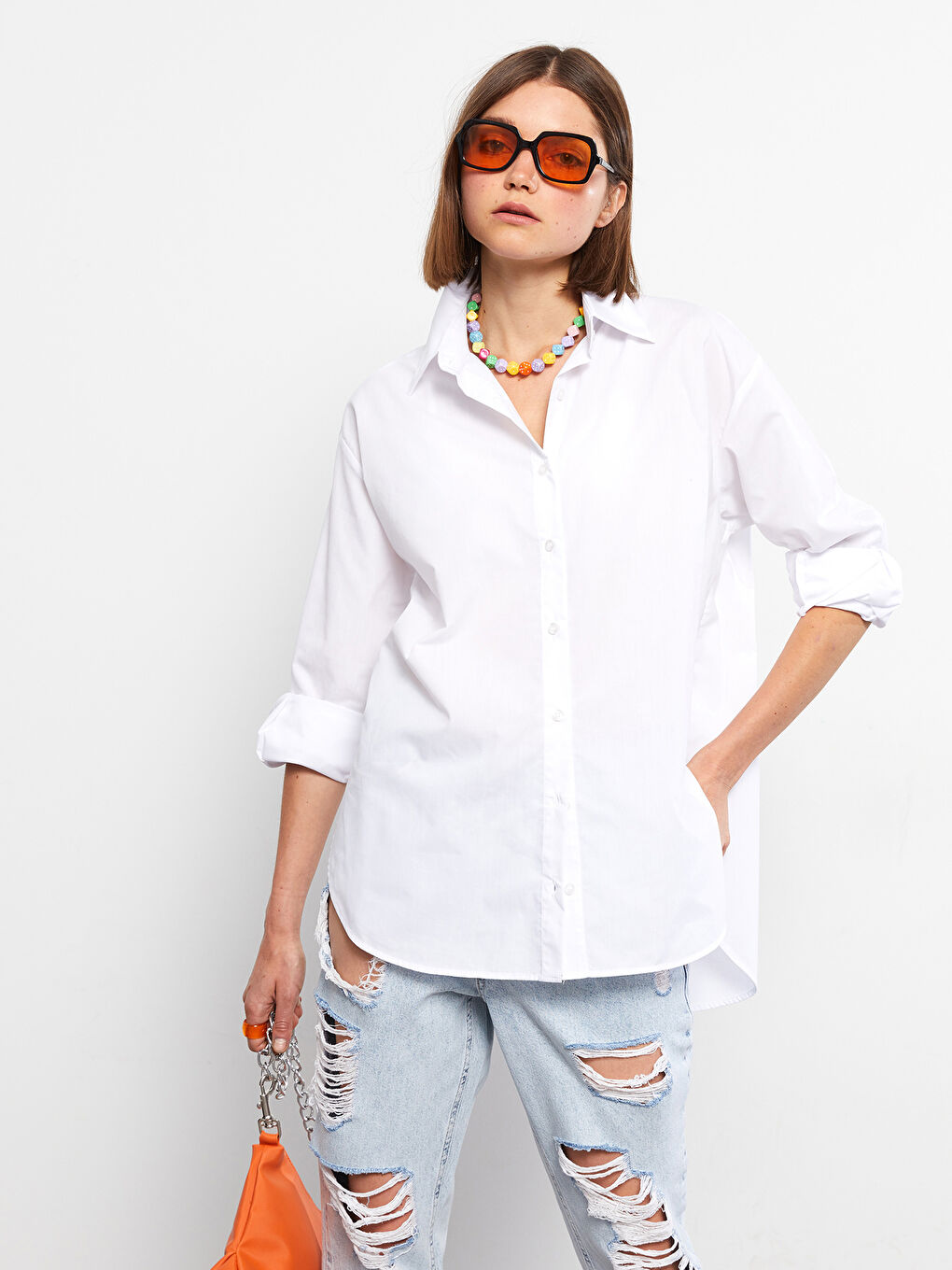 Chemise en Popeline à Boutons, Coupe Régulière, Manches Longues pour Femmes