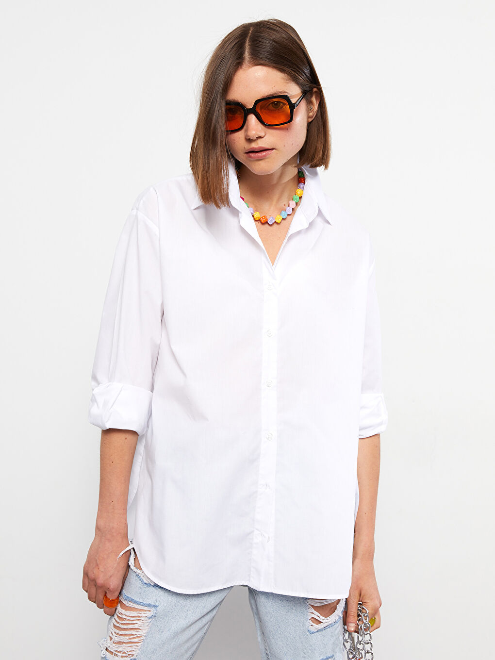 Chemise en Popeline à Boutons, Coupe Régulière, Manches Longues pour Femmes-1