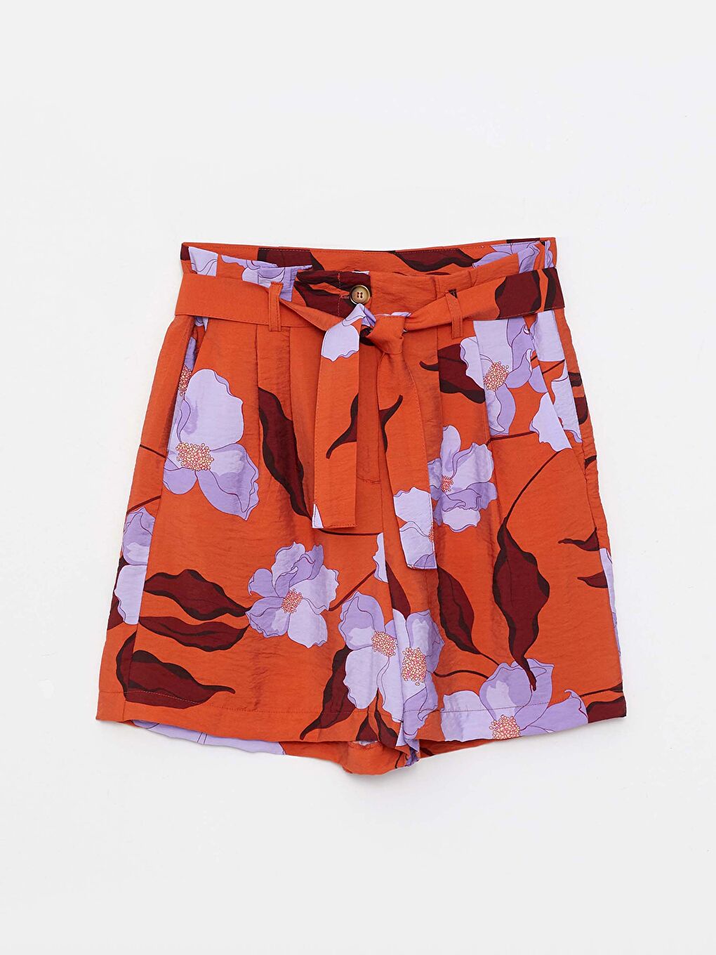 Kahverengi Yüksek Bel Rahat Kalıp Çiçekli Kadın Şort-5