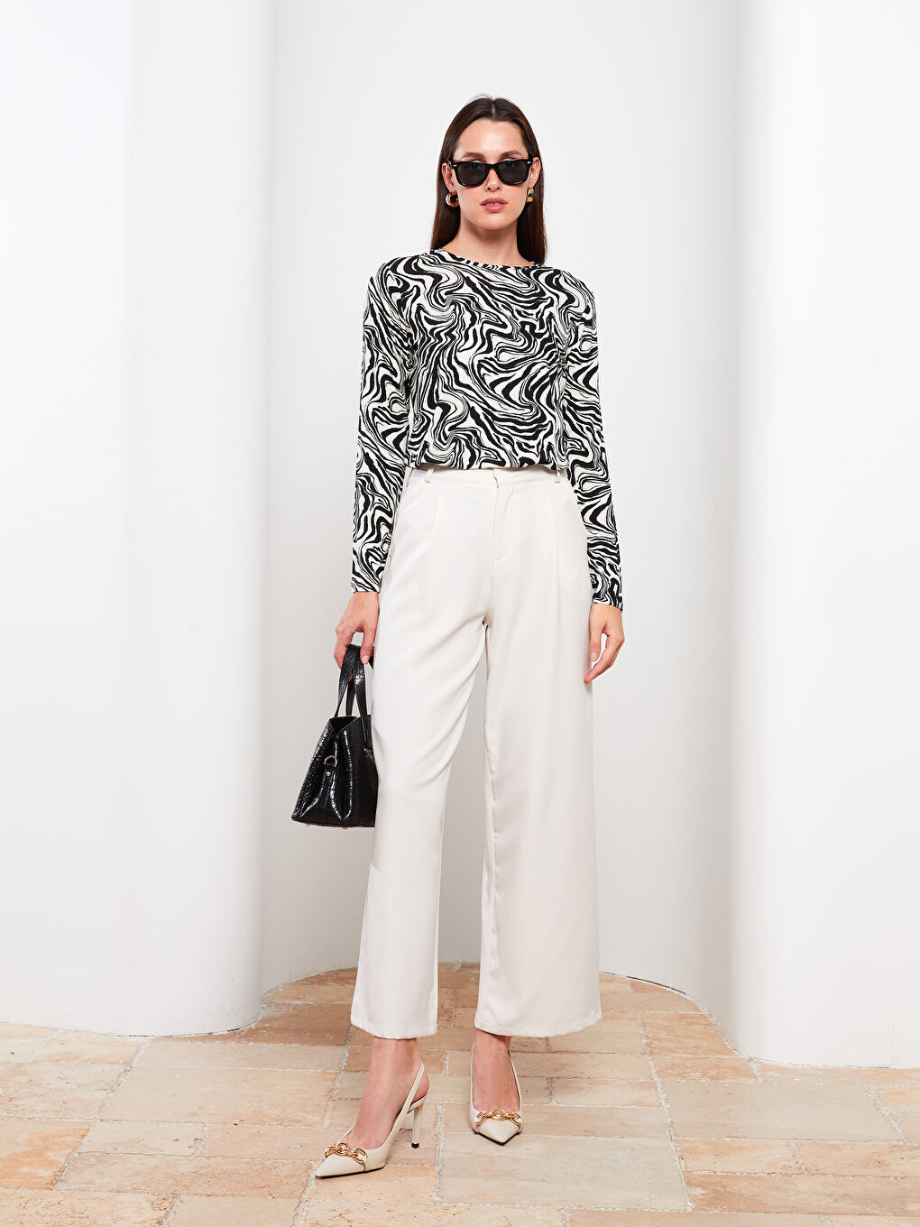 Karışık Bisiklet Yaka Desenli Uzun Kollu Kadın Tişört-2