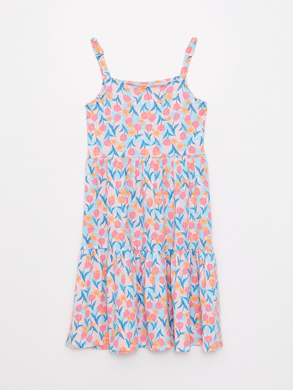 Karışık Kare Yaka Desenli Askılı Pamuklu Kız Çocuk Elbise