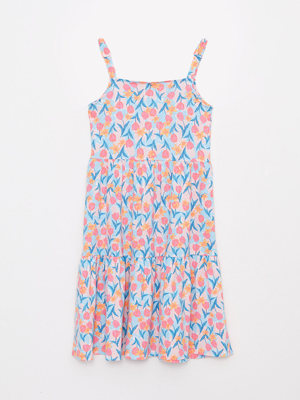 Karışık Kare Yaka Desenli Askılı Pamuklu Kız Çocuk Elbise-1