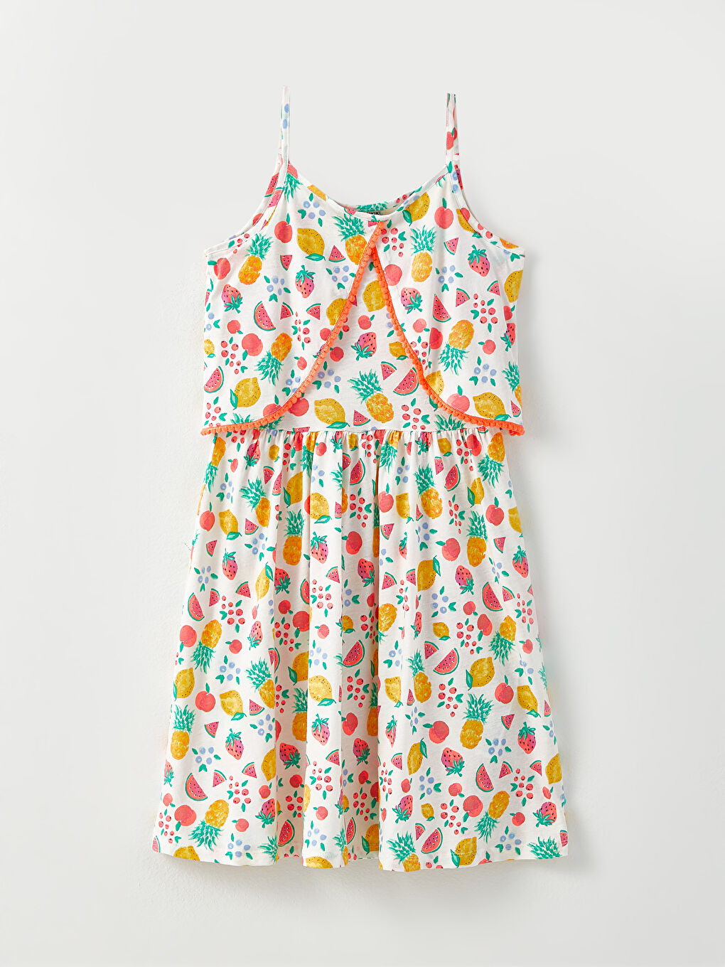 Crew Neck Patterned Strap Cotton Girls' Dress