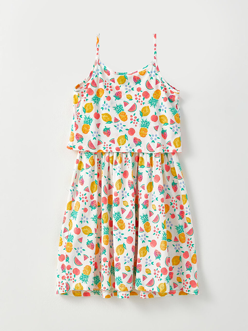 Crew Neck Patterned Strap Cotton Girls' Dress-1