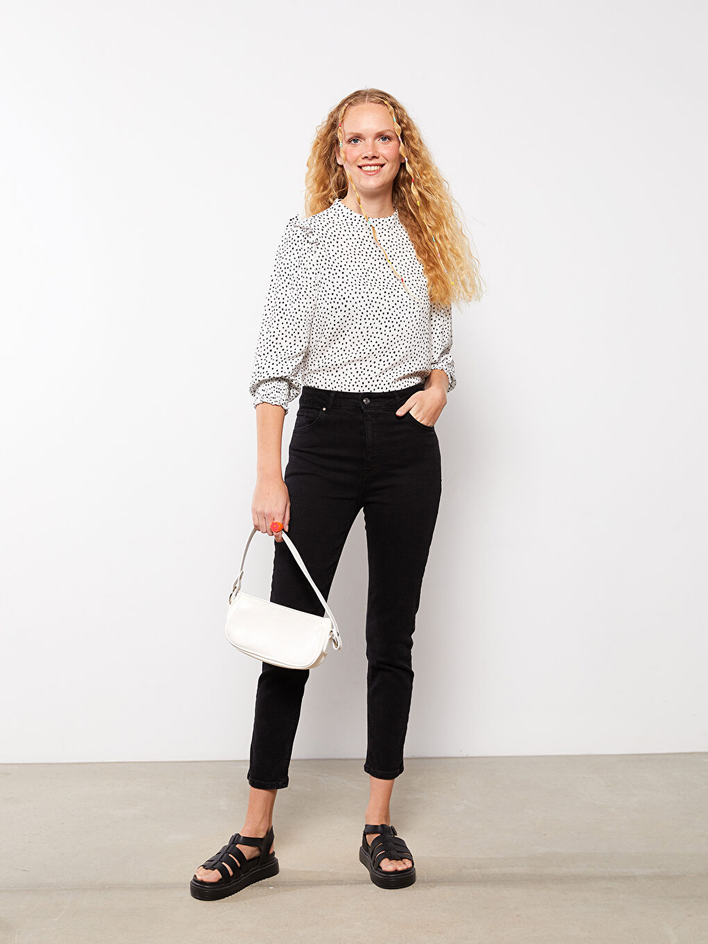 Crew Neck Patterned Long Sleeve Viscose Women's Blouse-2