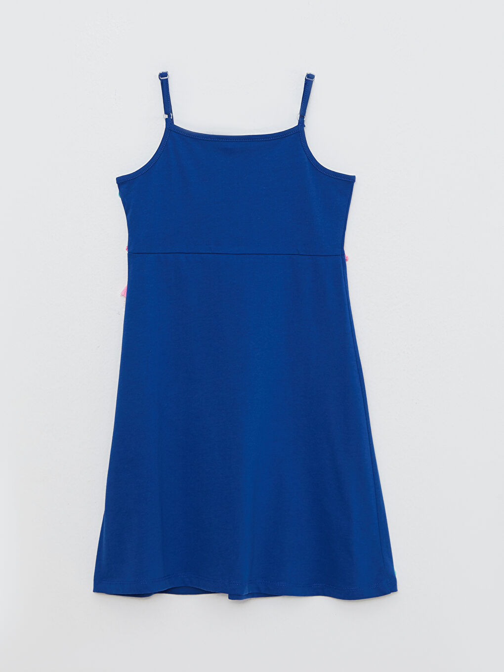 Lacivert Kare Yaka Baskılı Askılı Kız Çocuk Elbise-1